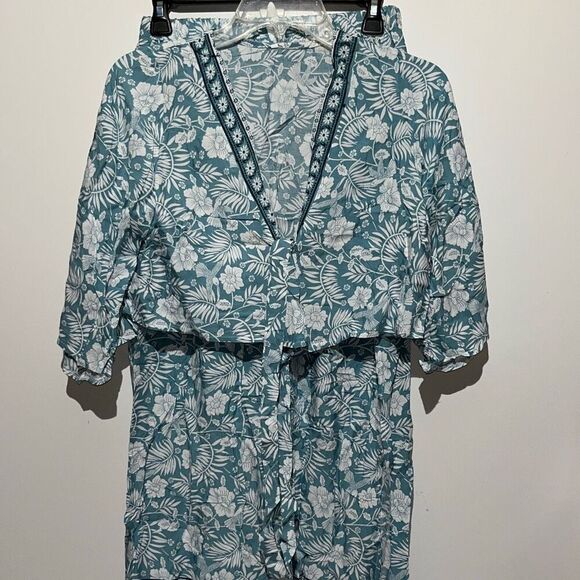 Women's Blue Floral Tie Front Crop Top Midi Skirt Set 2 Piece Size Small NWOT - Picture 1 of 9